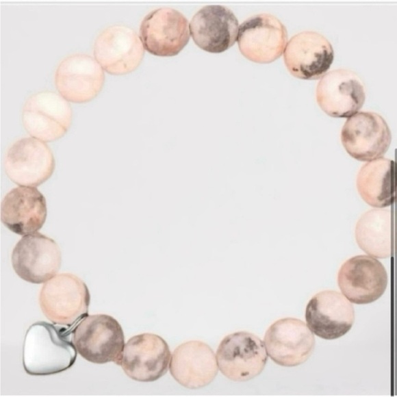 NWT- Beautiful Pink Zebra Natural Stone Bracelet with Heart Charm - Picture 3 of 3